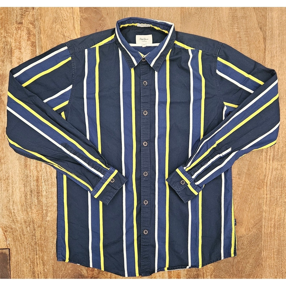 Pepe Jeans Button Up Shirt Mens M Blue Yellow Striped Jening Long Sleeves Cotton